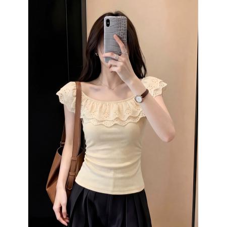 BY19102# 有货奶黄色一字领露肩t恤女今年流行夏季新款显瘦修身设计感 服裝批發女裝批發服飾貨源