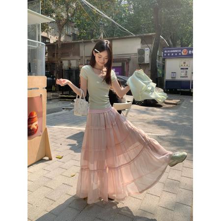 BY19104# 宋正恩假两件绿拼粉花边圆领短袖t恤女夏季新款超好看修身 服裝批發女裝批發服飾貨源