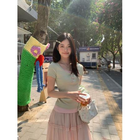 BY19104# 宋正恩假两件绿拼粉花边圆领短袖t恤女夏季新款超好看修身 服裝批發女裝批發服飾貨源