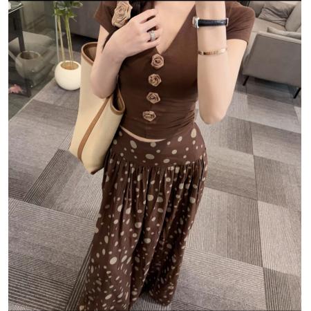 BY19105# 时尚复古波点半身裙夏季新款高腰洋气V领上衣套装 服裝批發女裝批發服飾貨源