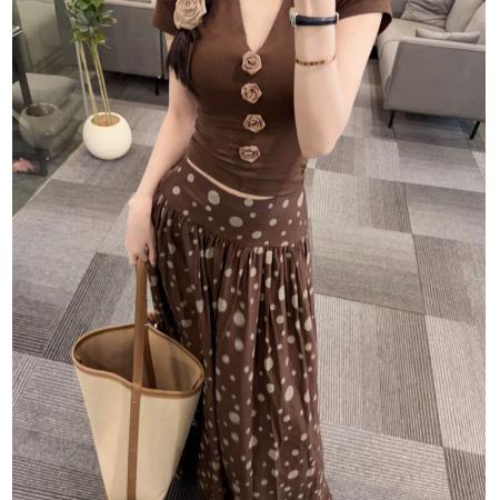 BY19105# 时尚复古波点半身裙夏季新款高腰洋气V领上衣套装 服裝批發女裝批發服飾貨源