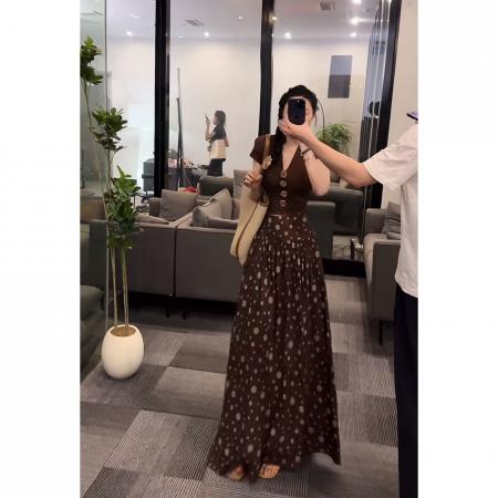 BY19105# 时尚复古波点半身裙夏季新款高腰洋气V领上衣套装 服裝批發女裝批發服飾貨源