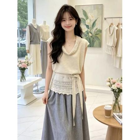 BY19106# 镂空荡领针织衫女夏季法式慵懒松弛感百搭薄款无袖绑带上衣 服裝批發女裝批發服飾貨源
