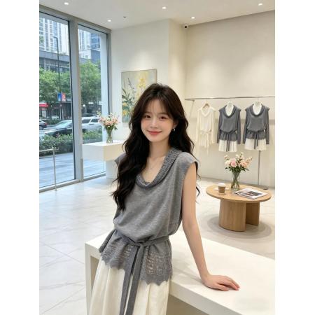 BY19106# 镂空荡领针织衫女夏季法式慵懒松弛感百搭薄款无袖绑带上衣 服裝批發女裝批發服飾貨源