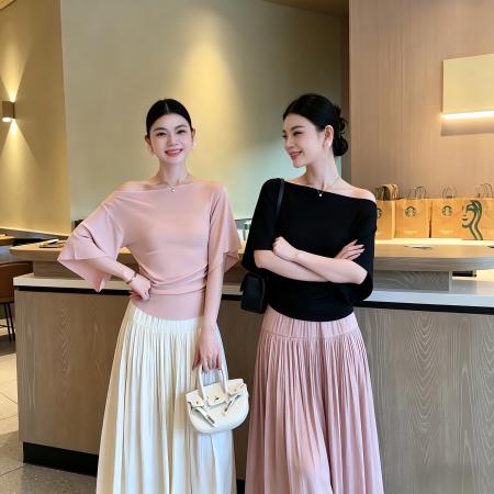 BY19108# 李慧一夏季温柔韩系气质时尚显瘦百搭纯欲优雅冰感上衣缎面半身裙 服裝批發女裝批發服飾貨源