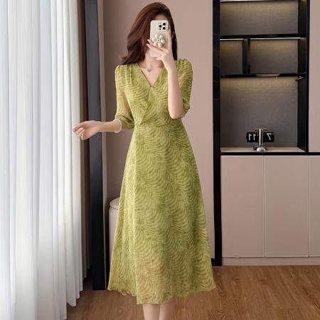 BY19111# 时尚洋气夏季轻薄透气雪纺连衣裙修身显瘦中长款阔太太女装装 服裝批發女裝批發服飾貨源