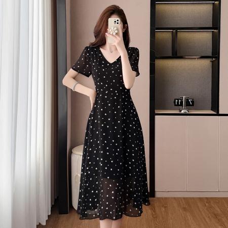 BY19112# 圆点波点雪纺中长款修身显瘦黑色气质大码女装胖mm短袖连衣裙子夏 服裝批發女裝批發服飾貨源
