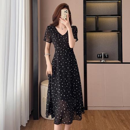 BY19112# 圆点波点雪纺中长款修身显瘦黑色气质大码女装胖mm短袖连衣裙子夏 服裝批發女裝批發服飾貨源