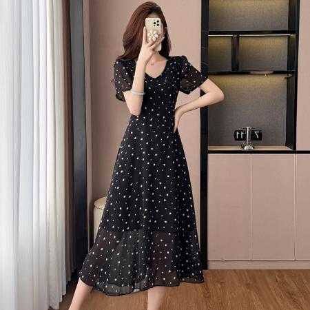 BY19112# 圆点波点雪纺中长款修身显瘦黑色气质大码女装胖mm短袖连衣裙子夏 服裝批發女裝批發服飾貨源