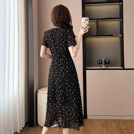 BY19112# 圆点波点雪纺中长款修身显瘦黑色气质大码女装胖mm短袖连衣裙子夏 服裝批發女裝批發服飾貨源
