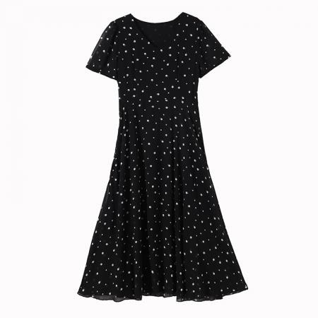 BY19112# 圆点波点雪纺中长款修身显瘦黑色气质大码女装胖mm短袖连衣裙子夏 服裝批發女裝批發服飾貨源