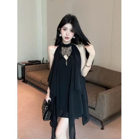 BY19118# 双生蝴蝶重工刺绣蕾丝蝴蝶不规则垂纱纯欲雪纺连衣裙 服裝批發女裝批發服飾貨源