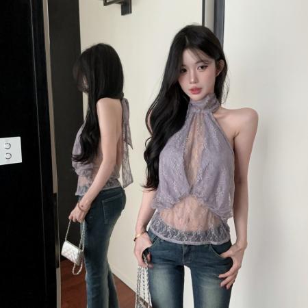 BY19121# 古早风高领蕾丝透视露背不规则上衣 服裝批發女裝批發服飾貨源