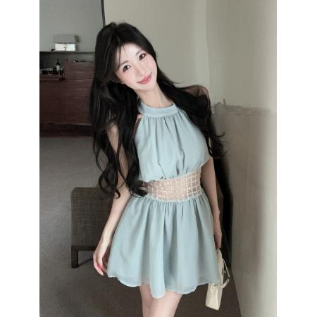 BY19126# kubiliv海蓝碎珀重工挂脖挖肩纯欲氛围感手工钉珠连衣裙 服裝批發女裝批發服飾貨源