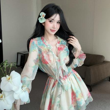 BY19127# 春夏清透美艳显白碎花雪纺连衣裙 服裝批發女裝批發服飾貨源