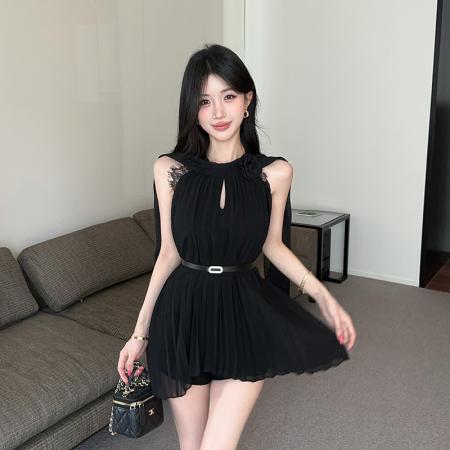 BY19128# 清水千金小香山茶花系带挂脖连衣裙短裙 服裝批發女裝批發服飾貨源