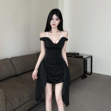 BY19135# 杨小鹭薇薇安抽绳睫毛蕾丝假两件吊带连衣裙 服裝批發女裝批發服飾貨源