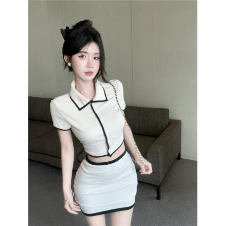 BY19136# 古早风黑色撞色镶边针织小开衫+包臀短裙套装 服裝批發女裝批發服飾貨源