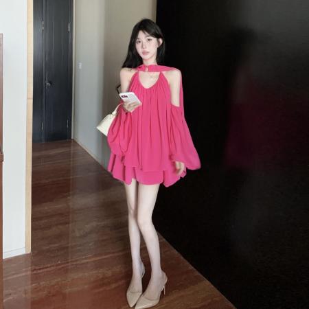 BY19138# 绝美出片飘带露肩吊带连衣裙 服裝批發女裝批發服飾貨源