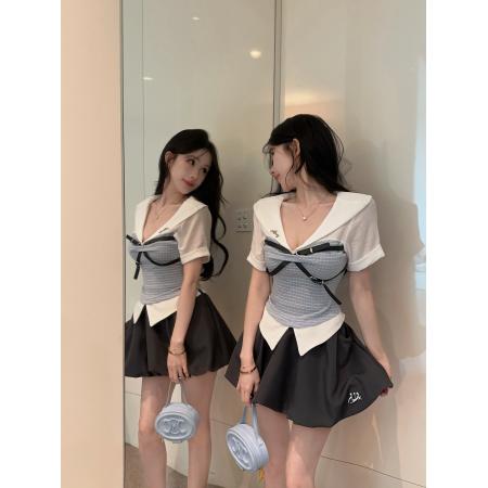 BY19140# 夏季设计感学院风甜美假两件拼接上衣+花苞半身裙套装女 服裝批發女裝批發服飾貨源