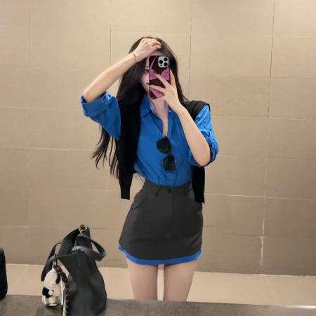 BY19141# 韩系蓝色衬衫西装半裙两件套女高级感时髦减龄巨好看套装 服裝批發女裝批發服飾貨源