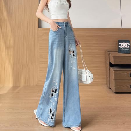 BY19143# 天丝重工刺绣镂空阔腿牛仔裤女夏季新款宽松定制垂坠感直筒裤 服裝批發女裝批發服飾貨源