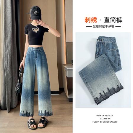 BY19144# 烫钻刺绣八分阔腿牛仔裤女夏季新款高腰宽松显瘦百搭直筒裤子 服裝批發女裝批發服飾貨源