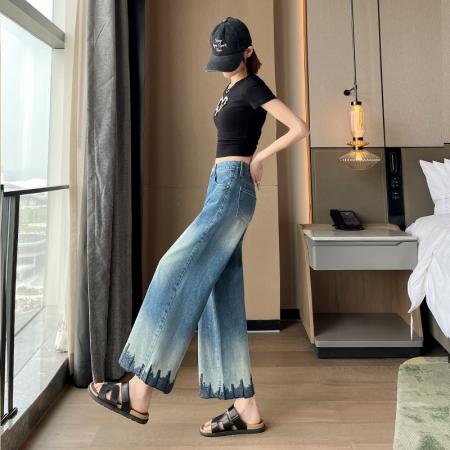 BY19144# 烫钻刺绣八分阔腿牛仔裤女夏季新款高腰宽松显瘦百搭直筒裤子 服裝批發女裝批發服飾貨源