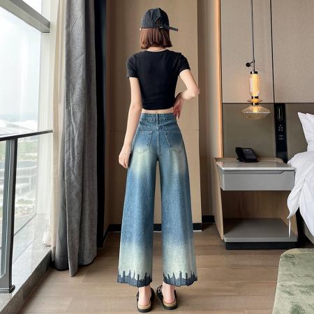 BY19144# 烫钻刺绣八分阔腿牛仔裤女夏季新款高腰宽松显瘦百搭直筒裤子 服裝批發女裝批發服飾貨源