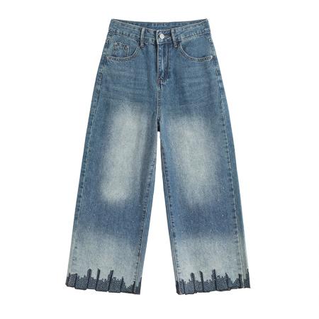 BY19144# 烫钻刺绣八分阔腿牛仔裤女夏季新款高腰宽松显瘦百搭直筒裤子 服裝批發女裝批發服飾貨源