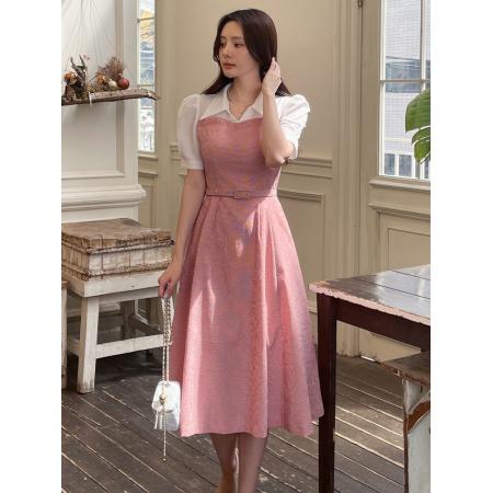 BY19146# 淑女气质韩国短袖格子拼接衬衫连衣裙韩版修身中长裙配腰带 服裝批發女裝批發服飾貨源