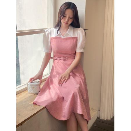 BY19146# 淑女气质韩国短袖格子拼接衬衫连衣裙韩版修身中长裙配腰带 服裝批發女裝批發服飾貨源