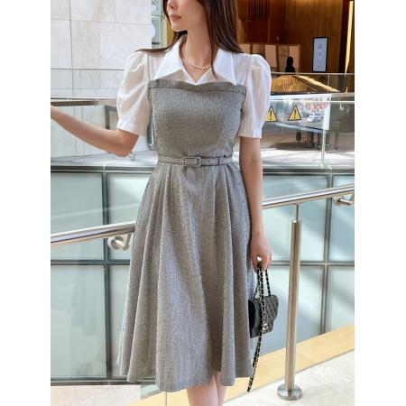 BY19146# 淑女气质韩国短袖格子拼接衬衫连衣裙韩版修身中长裙配腰带 服裝批發女裝批發服飾貨源