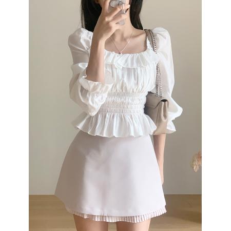 BY19149# 精致优雅韩国chic木耳边一字肩收腰拉榄衬衫上衣韩版衬衣 服裝批發女裝批發服飾貨源