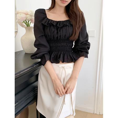 BY19149# 精致优雅韩国chic木耳边一字肩收腰拉榄衬衫上衣韩版衬衣 服裝批發女裝批發服飾貨源