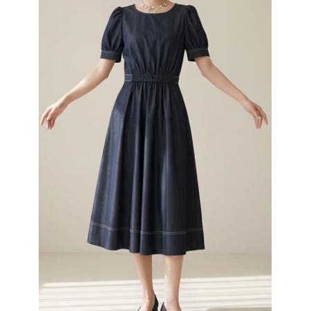 BY19150# 气质高雅韩国时尚短袖牛仔连衣裙大摆收腰天丝棉韩版牛仔裙子 服裝批發女裝批發服飾貨源