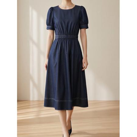 BY19150# 气质高雅韩国时尚短袖牛仔连衣裙大摆收腰天丝棉韩版牛仔裙子 服裝批發女裝批發服飾貨源