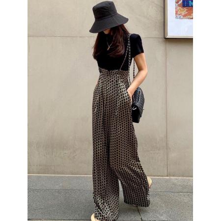 BY19151# 气质高雅韩国时尚印花吊带裤可调节宽松休闲长裤韩版休闲裤 服裝批發女裝批發服飾貨源