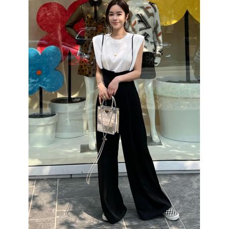 BY19151# 气质高雅韩国时尚印花吊带裤可调节宽松休闲长裤韩版休闲裤 服裝批發女裝批發服飾貨源