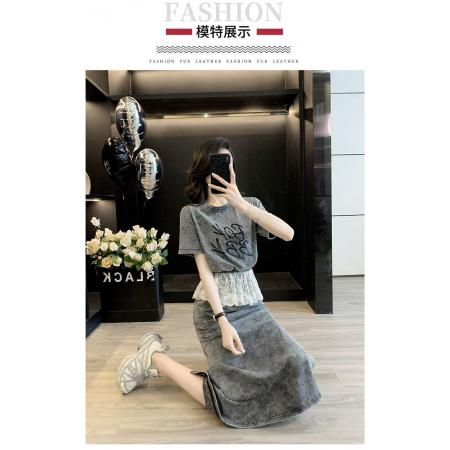 BY19154# 高级感灰色休闲时尚套装裙女夏季新款短袖拼蕾丝半身裙两件套 服裝批發女裝批發服飾貨源