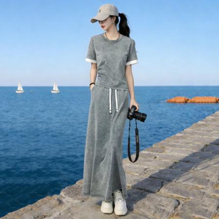 BY19155# 时尚休闲运动套装女夏季新款高级简约灰色短袖半身长裙两件套 服裝批發女裝批發服飾貨源