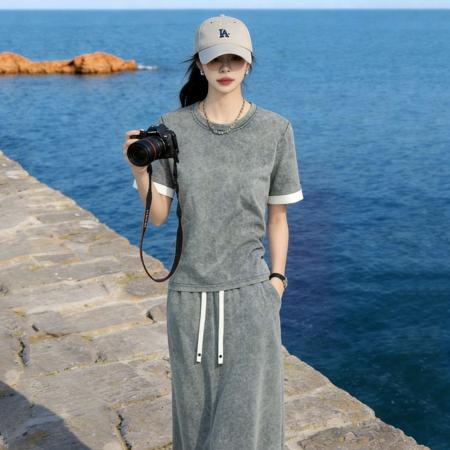 BY19155# 时尚休闲运动套装女夏季新款高级简约灰色短袖半身长裙两件套 服裝批發女裝批發服飾貨源