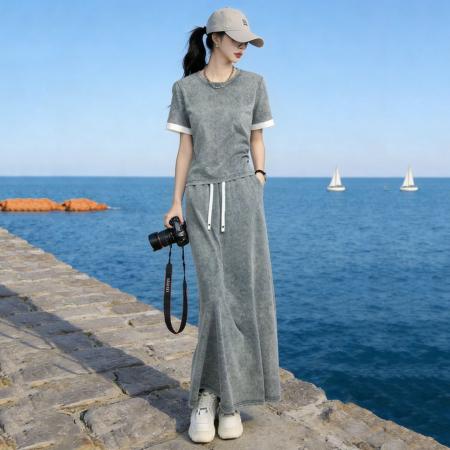 BY19155# 时尚休闲运动套装女夏季新款高级简约灰色短袖半身长裙两件套 服裝批發女裝批發服飾貨源