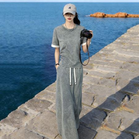 BY19155# 时尚休闲运动套装女夏季新款高级简约灰色短袖半身长裙两件套 服裝批發女裝批發服飾貨源