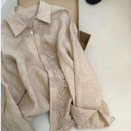 BY19157# 老钱风复古蕾丝拼接亚麻长袖衬衫女春夏设计感小众宽松减龄衬衣潮 服裝批發女裝批發服飾貨源