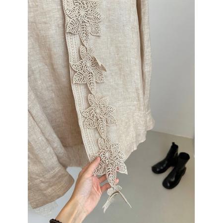 BY19157# 老钱风复古蕾丝拼接亚麻长袖衬衫女春夏设计感小众宽松减龄衬衣潮 服裝批發女裝批發服飾貨源