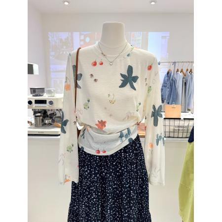 BY19158# 雪花棉大码300斤小清新植物印花长袖T恤女宽松薄款百搭打底衫上衣 服裝批發女裝批發服飾貨源