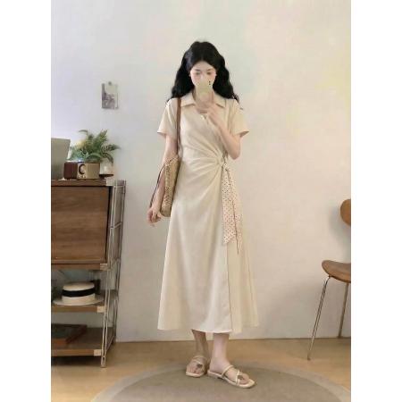 BY19159# 大码法式气质白杏色短袖衬衫连衣裙女夏季polo长裙 服裝批發女裝批發服飾貨源