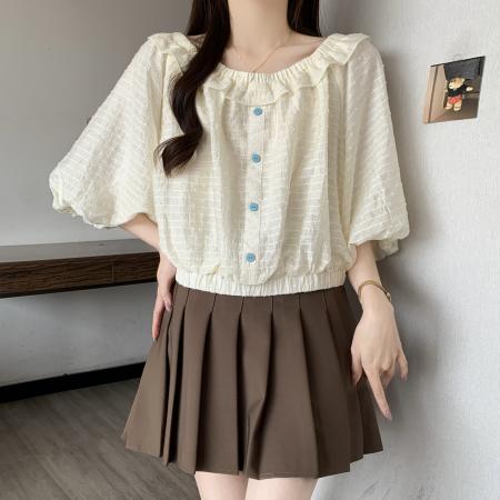 BY19160# 大码灯笼袖衬衫夏季新款一字肩米杏色衬衣上衣女 服裝批發女裝批發服飾貨源