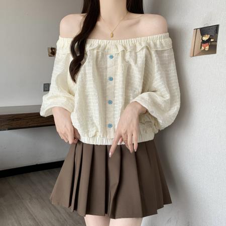 BY19160# 大码灯笼袖衬衫夏季新款一字肩米杏色衬衣上衣女 服裝批發女裝批發服飾貨源